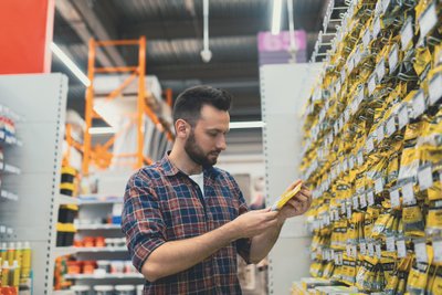 Kunde im Fachgeschäft hält Verpackung von Materialien in der Hand